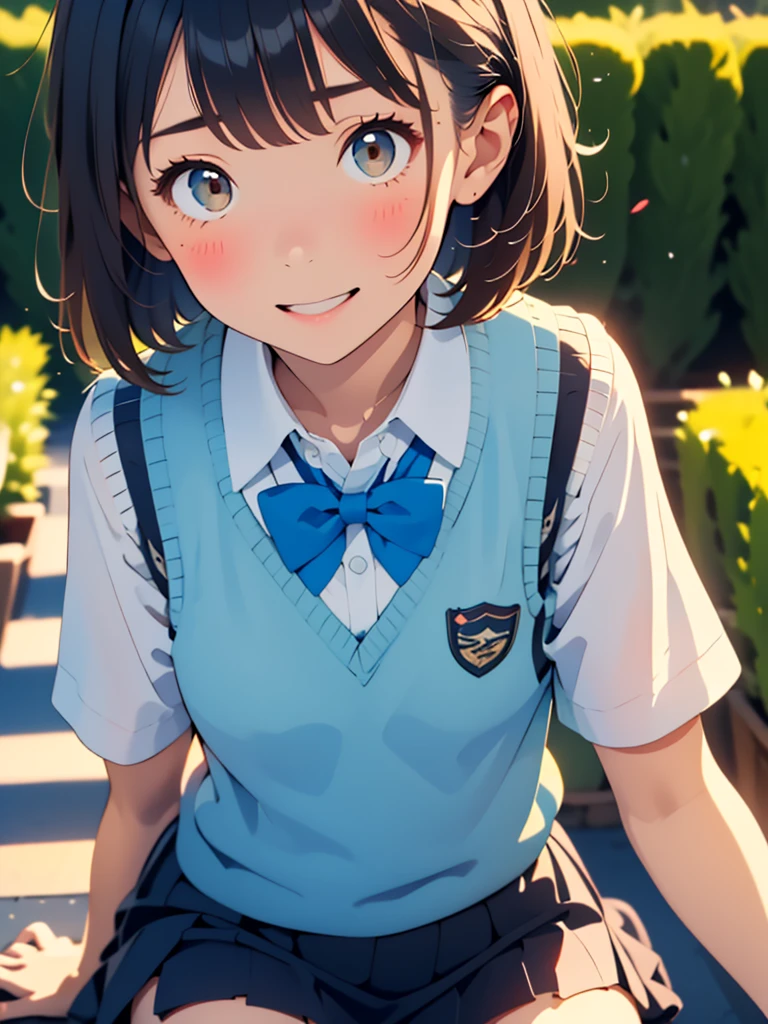 masterpiece, highest quality, Confused, Perfect Anatomy, 1 girl, alone, Itsuwa,short hair,Black Hair,Brown eyes,smile,blush,Open your mouth,Happy atmosphere,break skirt, shirt, bow, ribbon, , white shirt, Short sleeve, Pleated skirt, collared shirt, mini skirt, bowtie, black loafers, Black Skirt, Black Pantyhose, loafers, green bow, whole body in the illustration, (Blue Sweater Vest:1.5),evening,sunset,The sun goes down, walk, break outdoors, construction area, break looking at viewer, whole body, break (masterpiece:1.2), highest quality, High resolution, unity 8k wallpaper, (shape:0.8), (Beautiful details:1.6), Highly detailed face, Perfect lighting, Extremely detailed CG, (Perfect hands, Perfect Anatomy),