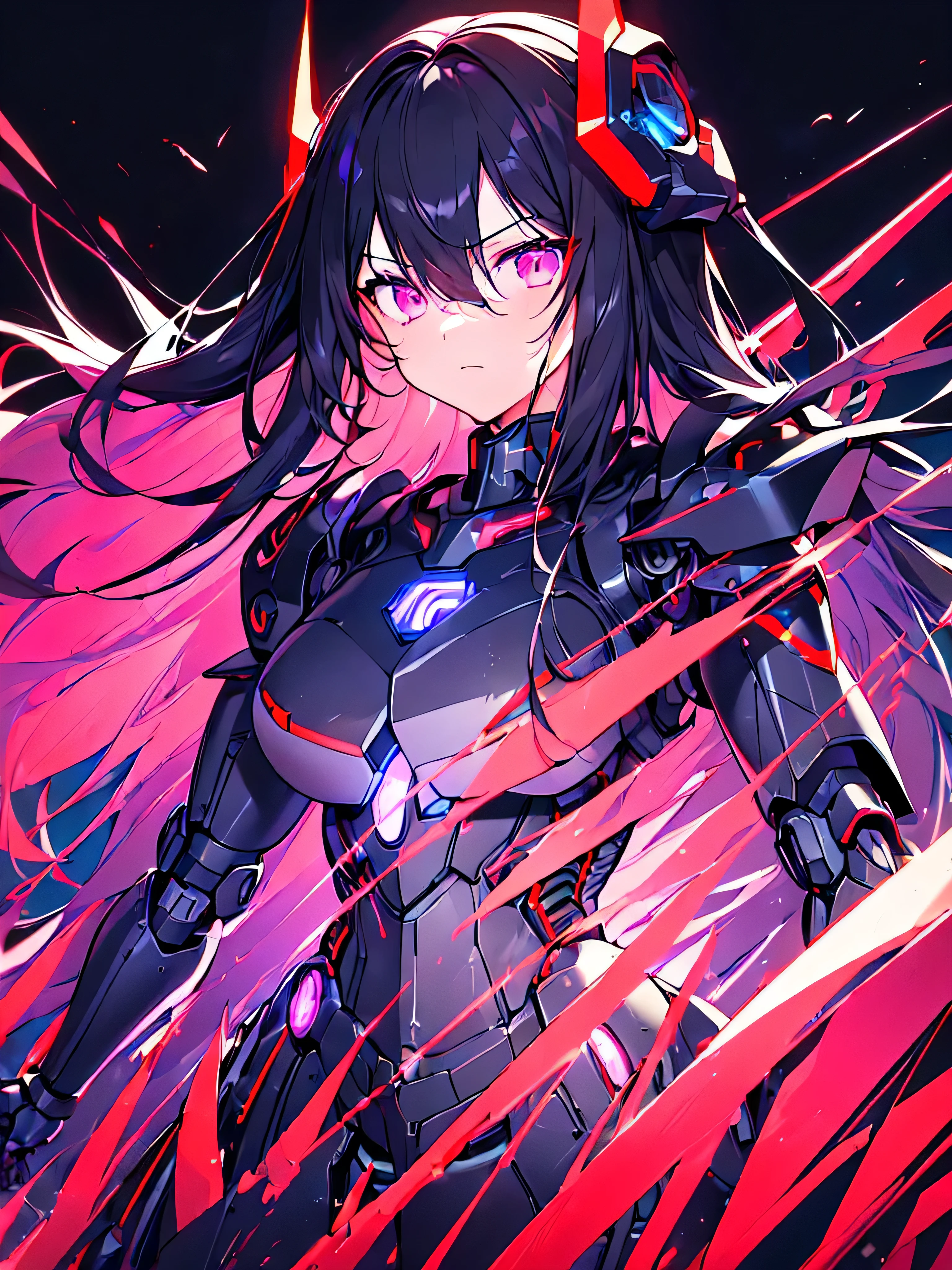 [(BLACK BACKGROUND:1.5)], (((masterpiece))), (upper body), 1girl, (cyborg girl), solo, Black hair, long hair, red inner hair, Purple eyes, science fiction, (enemy type mecha musume:1.2), mechanical parts, headgear, mechanical wings and tails, (mechanical Black HeavyArmor), ((neon light red)), Anime style,