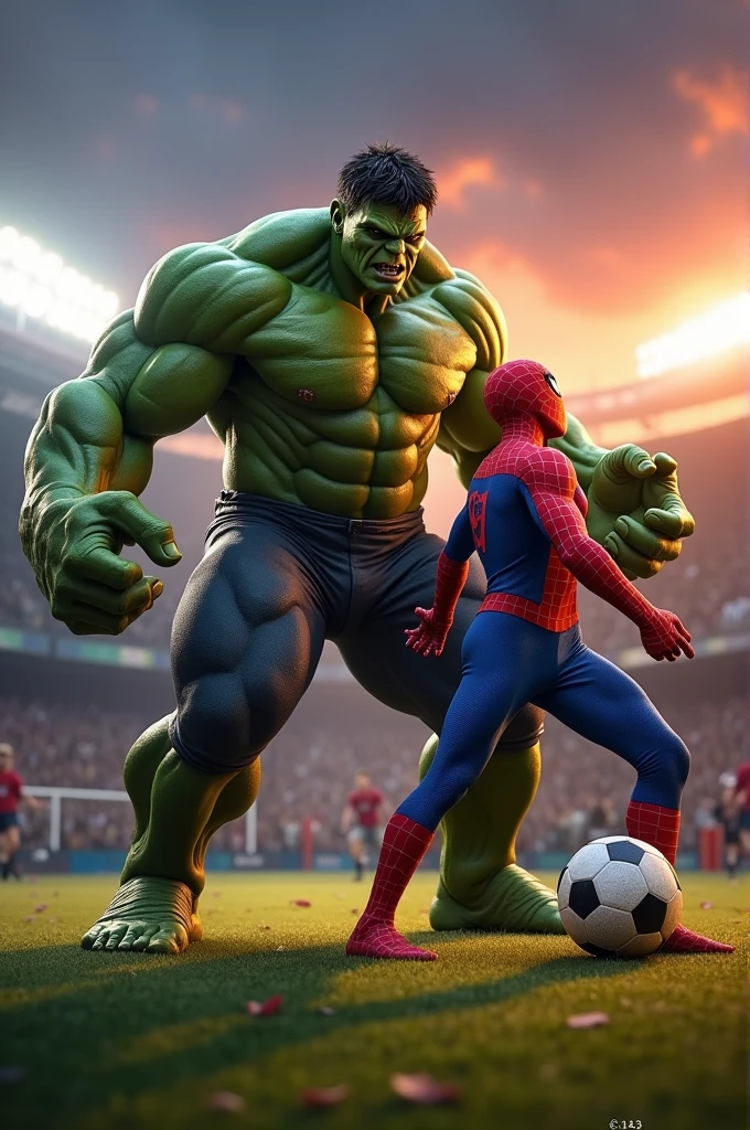 The Hulk and Spider-Man on the football field looking evil and both holding a soccer ready to enter the field and beat their opponent.