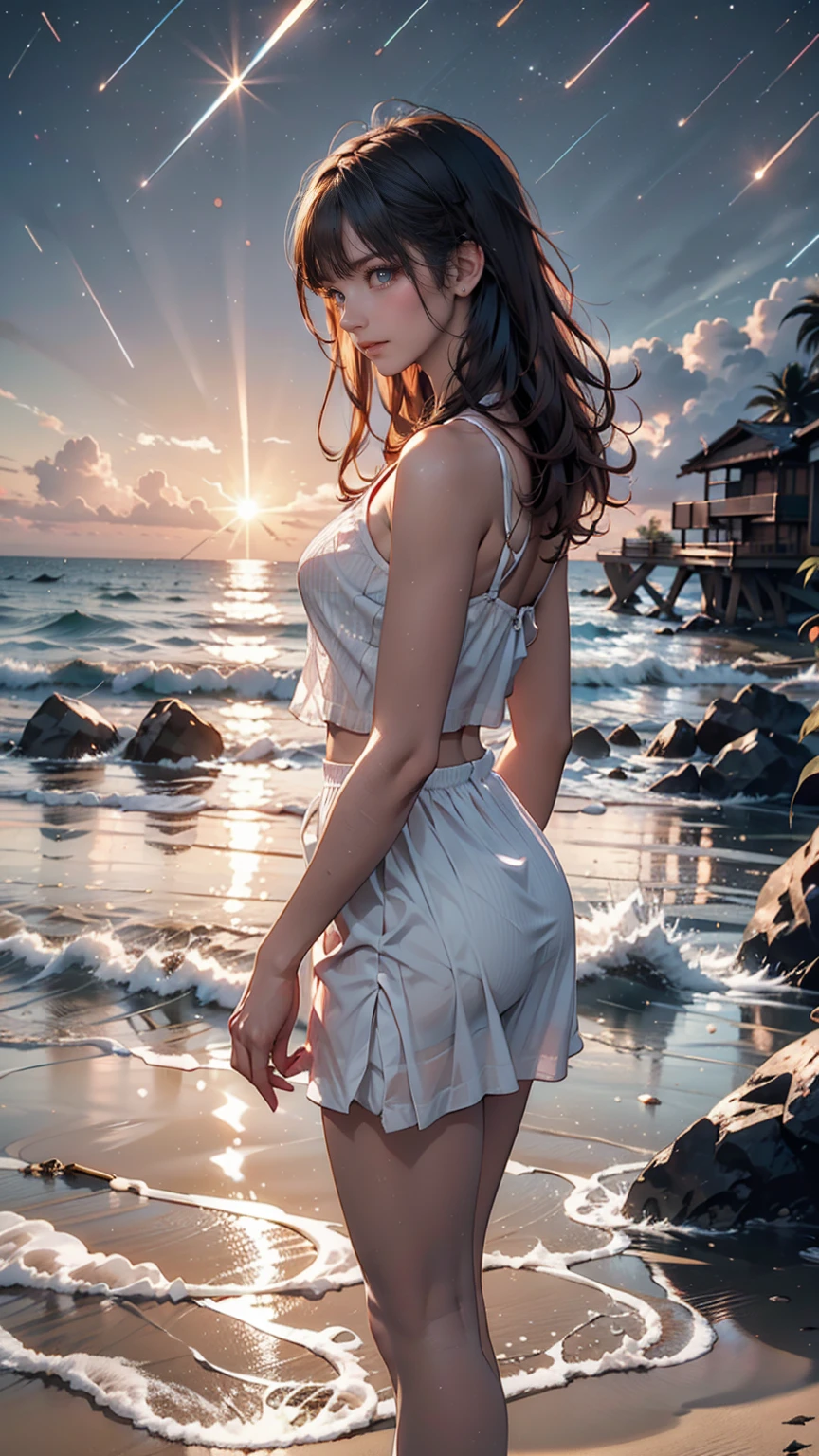 ((masterpiece, Highest quality)), At night, Sheer, thin clothes, girl, Put one foot in the sea using only your toes, girl standing, girl sideways, between the horizon and the sea, Side view, Ripples spread from my toes, The scene is about 20 metres away., On the Sea, At night, the whole scene is shining, There is a meteor shower