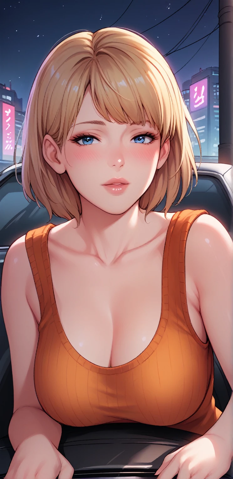 score_9, score_8_up, score_7_up, score_6_up, score_5_up, score_4_up, Ashley Graham, blue eyes, blonde hair, short hair, large breasts, mature woman,  1girl, short_hair, blush, blue_eyes, brown_hair, lips, purple_hair, solo, dress, long  orange dress, jewelry, bare shoulders, loose dress, night, city, outdoors, POV date, collarbone , cars, Sit on top cars, 