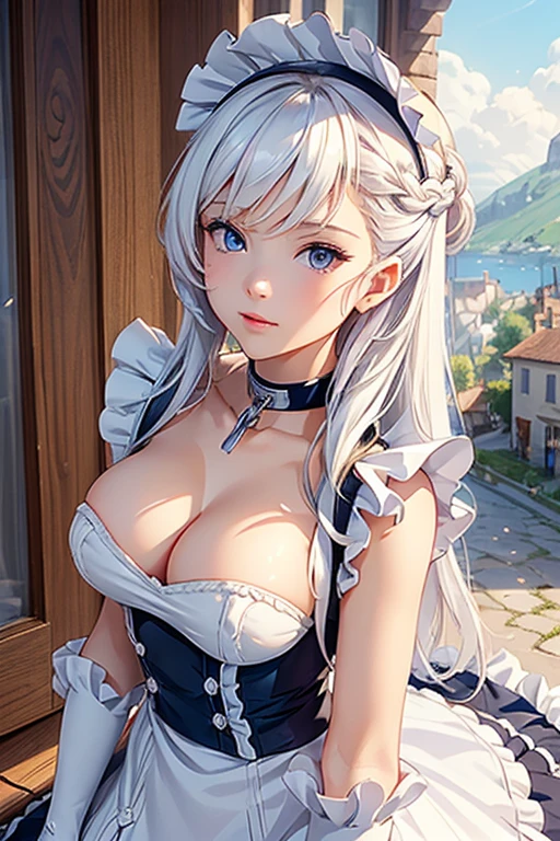(Small village), (Detailed eyes and face:1.3), (Very nice and beautiful:1.1), (Perfect detail:1.1), (Large Breasts), ((Top of the character)), Azur Lane, Belfast, Long Hair, French Braid, maid headdress, collar, Lock, collarbone, Cleavage, Frills, maid, No sleeve, Elbow hand pockets, White gloves, White apron