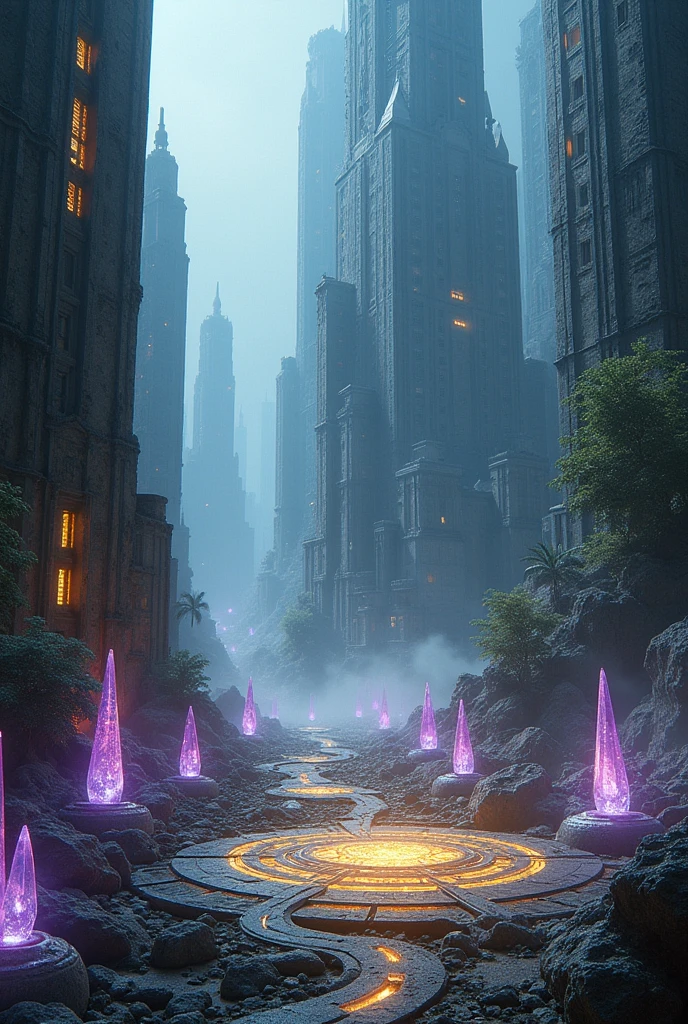  Show an environment where technology and magic intertwine in a visually striking way. Focus on that mix circuits and magical runes. Add elements like glowing crystals and magical energy beams interacting with technology, creating an atmosphere charged with mysticism and technological decadence. The scene should reflect the fusion of technology and magic, with a color palette that combines metallic tones, electric and magical, showing the contrast between technological advancement and post-apocalyptic wear and tear


