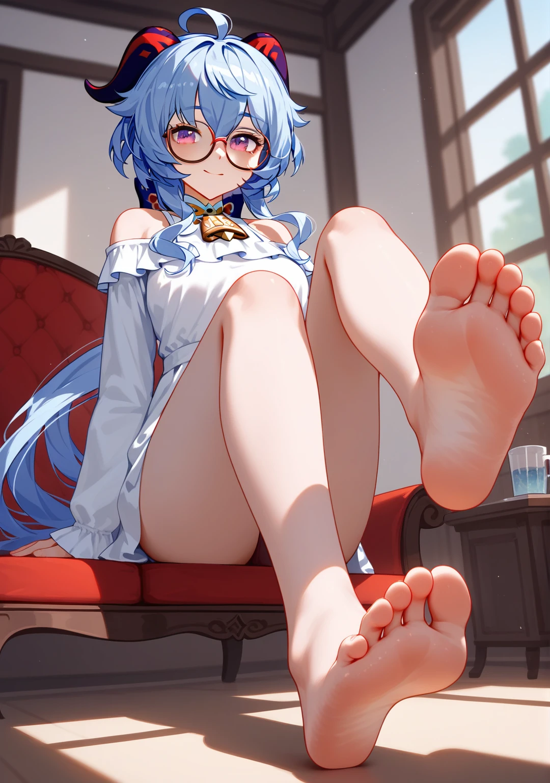 Highest quality, Highest quality, High quality illustrations, masterpiece, Ultra-high resolution, Detailed Background, ganyu \(genshin impact\), Purple eyes, long hair, light blue hair that ends in shades of darker blue, long ponytail, Brownish horns with red engravings, turn backwards, alternate costume, showing her feet low angle，wallpaper,White off-shoulder casual dress, The background is in the room, Foot Focus， barefoot, Red round-rimmed glasses，Red round-rimmed glasses，Big boobs（g），g cup，Very tall，Very high，Around 30 years old，Smirk