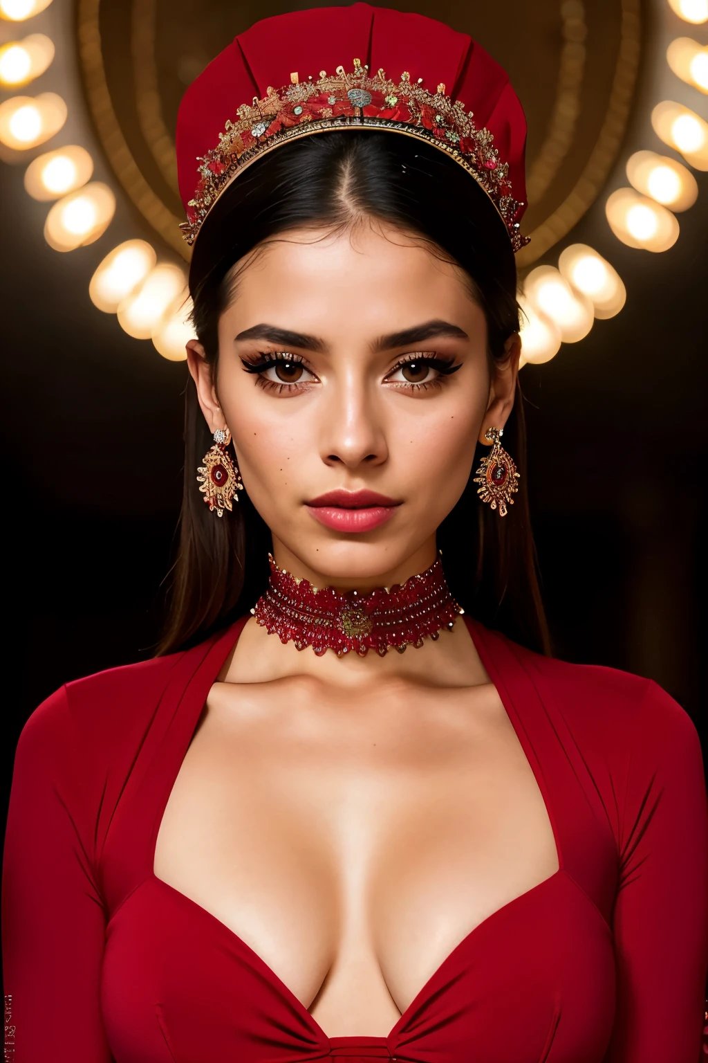 realistic portrait of an extremely beautiful Colombian woman, wearing a tight red Nadia Long Sleeve Scoop Back Midi Dress, wearing a choker, detailed facial features, piercing eyes, wearing a headdress, elegant long eyelashes, beautiful lips, delicate nose, intricate jewelry, dramatic lighting, highly detailed, photorealistic, 8k, cinematic composition, dramatic pose, masterpiece