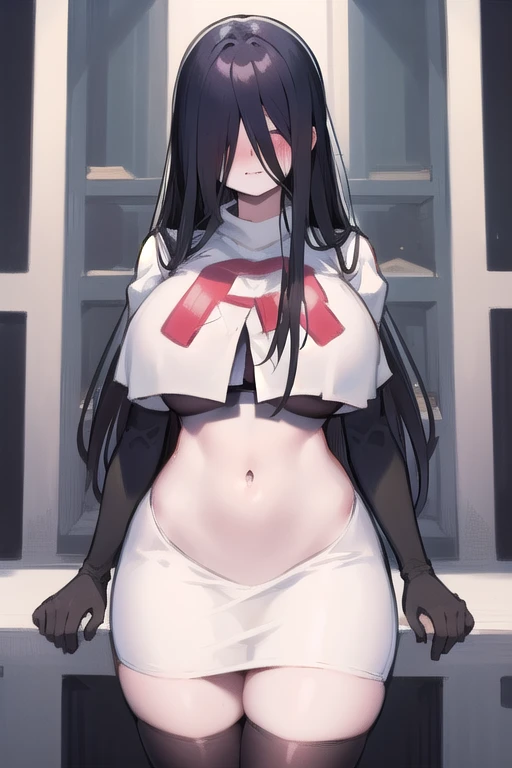 masterpiece, detailed, high quality, absurdres, sadako, (hair over eyes), pale skin, blush, large breasts, curvy, navel, stomach, groin, team rocket,team rocket uniform,white skirt,red letter R,crop top,black thigh-highs,black elbow gloves, cowboy shot,