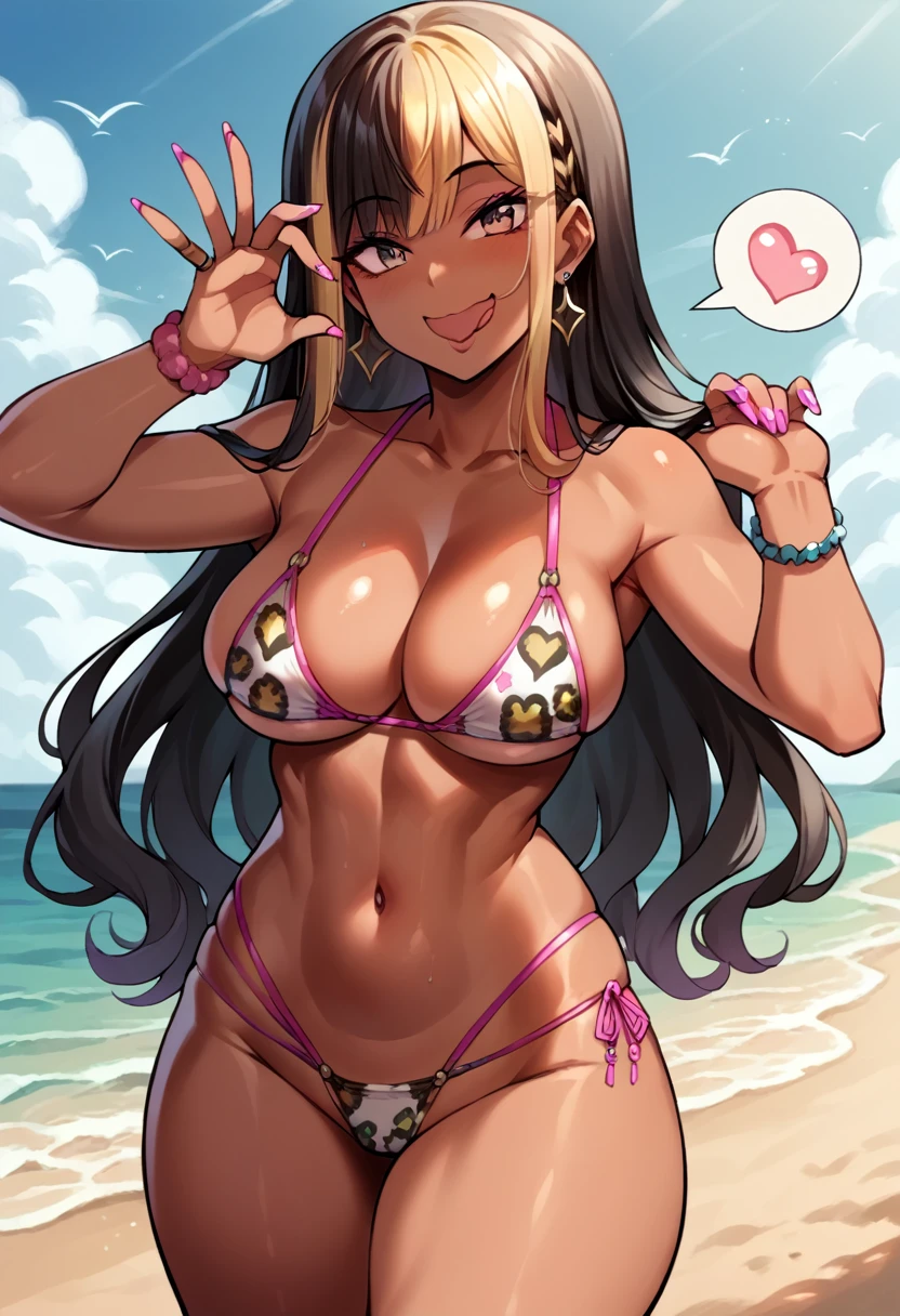 ((sexy girl ,gyaru)) , fantasy , fantasy tops, long black hair, tan skin, and a small waist. gyaru gal, long hair down, sexy, cute, y2k, gyaru gal, beach, colorful, bikini, smiling, blowing kiss