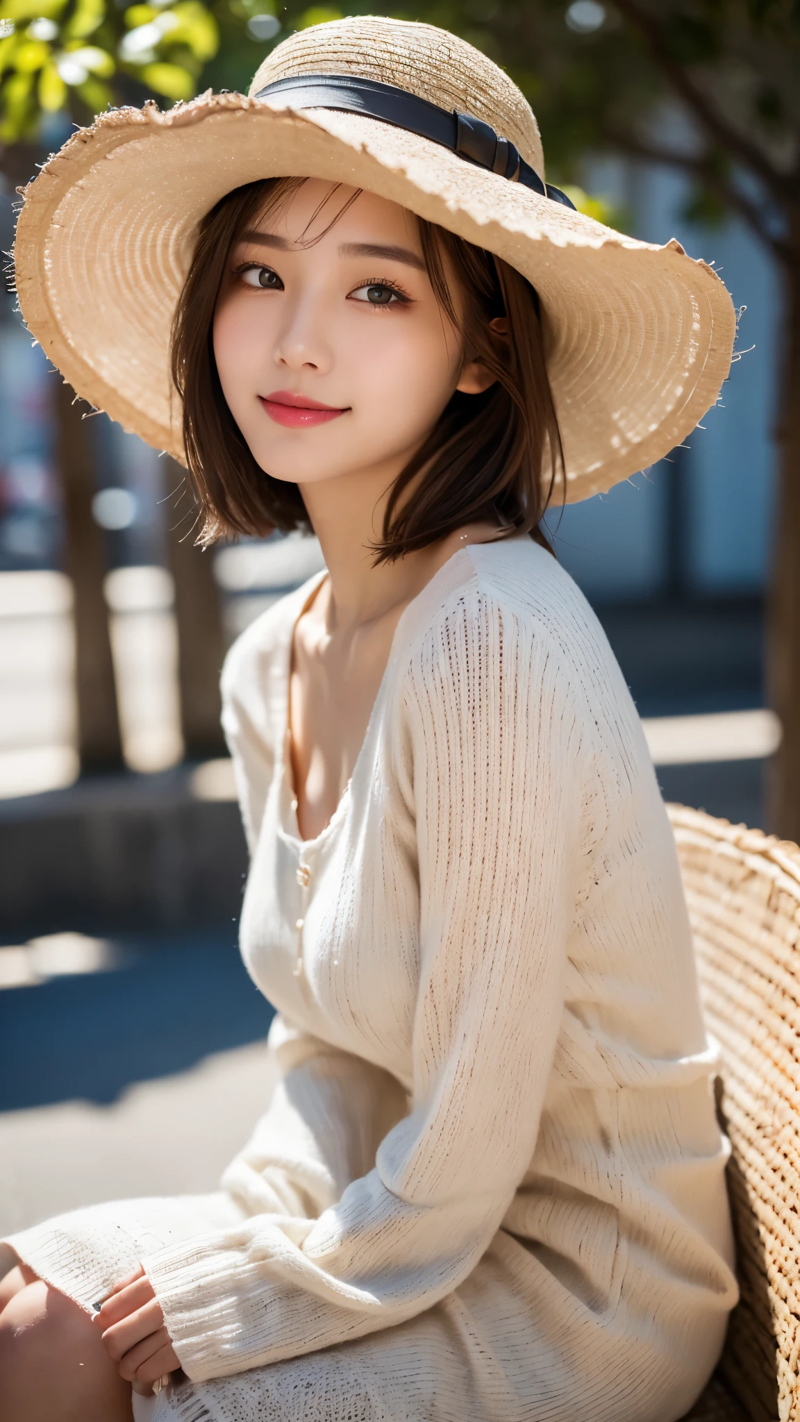 (photorealistic, 32k, RAW photo, best quality: 1.5), (masterpiece:1.3), (absurdres, attractive, ultra high resolution, ultra realistic, highly detailed, golden ratio, ultra detailed), (Beautiful Japanese teenager female, super fucking beautiful detailed face), natural makeup, detailed cloth texture, detailed hair texture, beautiful detailed fullbody, Perfect female body, accurate, Anatomically correct, Highly detailed face and skin texture, (beautiful hands), (realistic skin), (beautiful pale skin:1.1), (Perfect dynamic composition, looking at viewer:1.3), (full body shot:1.3),
BREAK,
realistic eyes, beautiful detailed eyes, symmetric eyes, Light Brown eyes, Double eyelids, Thin eyebrows, (Glossy lips:1.4), ((A face with waiting for a kiss, Shy Smile:1.2)), (blush:1.1),
BREAK,
((short hair, bob, Dark blonde hair, bangs:1.2)), (Sunny day, Sitting at a tourist spot in Japan:1.3), (blouse, jumper dress, straw boater hat :1.4),