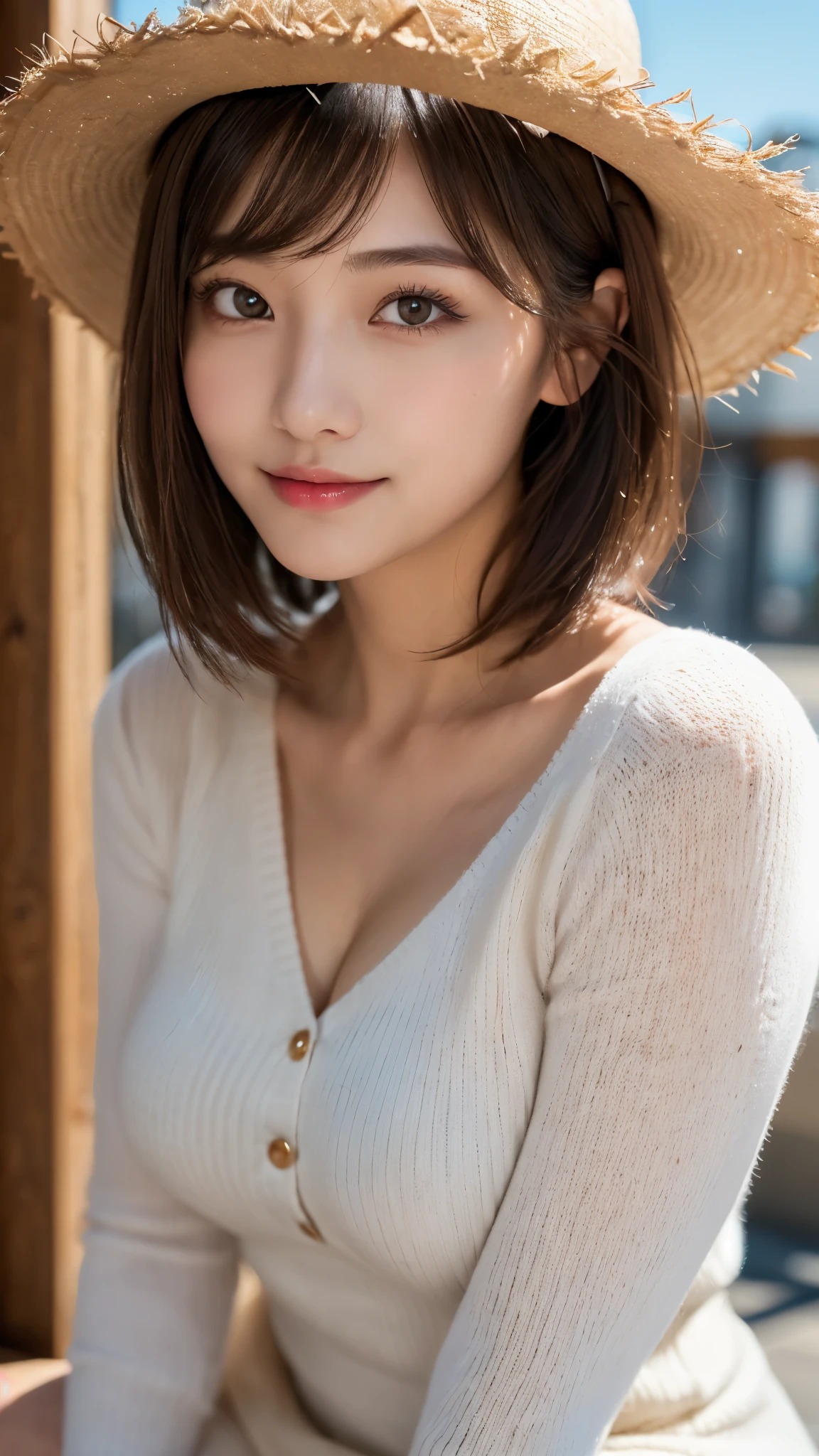 (photorealistic, 32k, RAW photo, best quality: 1.5), (masterpiece:1.3), (absurdres, attractive, ultra high resolution, ultra realistic, highly detailed, golden ratio, ultra detailed), (Beautiful Japanese ager female, super fucking beautiful detailed face), natural makeup, detailed cloth texture, detailed hair texture, beautiful detailed fullbody, Perfect female body, accurate, Anatomically correct, Highly detailed face and skin texture, (beautiful hands), (realistic skin), (beautiful pale skin:1.1), (Perfect dynamic composition, looking at viewer:1.3), (full body shot:1.3),
BREAK,
realistic eyes, beautiful detailed eyes, symmetric eyes, Light Brown eyes, Double eyelids, Thin eyebrows, (Glossy lips:1.4), ((A face with waiting for a kiss, Shy Smile:1.2)), (blush:1.1),
BREAK,
((short hair, bob, Dark blonde hair, bangs:1.2)), (Sunny day, Sitting at a tourist spot in Japan:1.3), (blouse, jumper dress, straw boater hat :1.4),