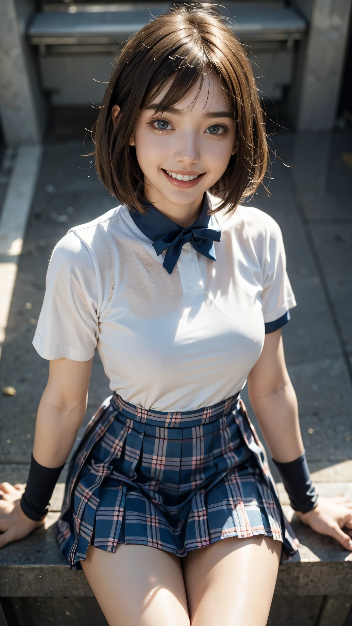 Highest quality, masterpiece, Ultra-high resolution,8k,((Toothy smile portrait:1.4)), (Realistic:1.6), ((Blue Eye)),((A radiant smile)), RAW Photos,((Ice Hockey Uniforms)),((Red checked pleated skirt)),((Soft looking breasts)),((Full body photo)),1 person,Slim 22 year old adult female,(Full of smiles, )) ,((Short bangs,Straight Bob Cut)),((Ribbon in hair)),((Looking up at the audience)),Face Focus:1.4,((Shot from above:1.15)),