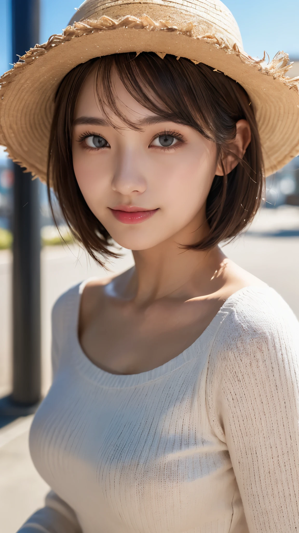(photorealistic, 32k, RAW photo, best quality: 1.5), (masterpiece:1.3), (absurdres, attractive, ultra high resolution, ultra realistic, highly detailed, golden ratio, ultra detailed), (Beautiful Japanese teenager female, super fucking beautiful detailed face), natural makeup, detailed cloth texture, detailed hair texture, beautiful detailed fullbody, Perfect female body, accurate, Anatomically correct, Highly detailed face and skin texture, (beautiful hands), (realistic skin), (beautiful pale skin:1.1), (Perfect dynamic composition, looking at viewer:1.3), (full body shot:1.3),
BREAK,
realistic eyes, beautiful detailed eyes, symmetric eyes, Light Brown eyes, Double eyelids, Thin eyebrows, (Glossy lips:1.4), ((A face with waiting for a kiss, Shy Smile:1.2)), (blush:1.1),
BREAK,
((short hair, bob, Dark blonde hair, bangs:1.2)), (Sunny day, Sitting at a tourist spot in Japan:1.3), (blouse, jumper dress, straw boater hat :1.4),