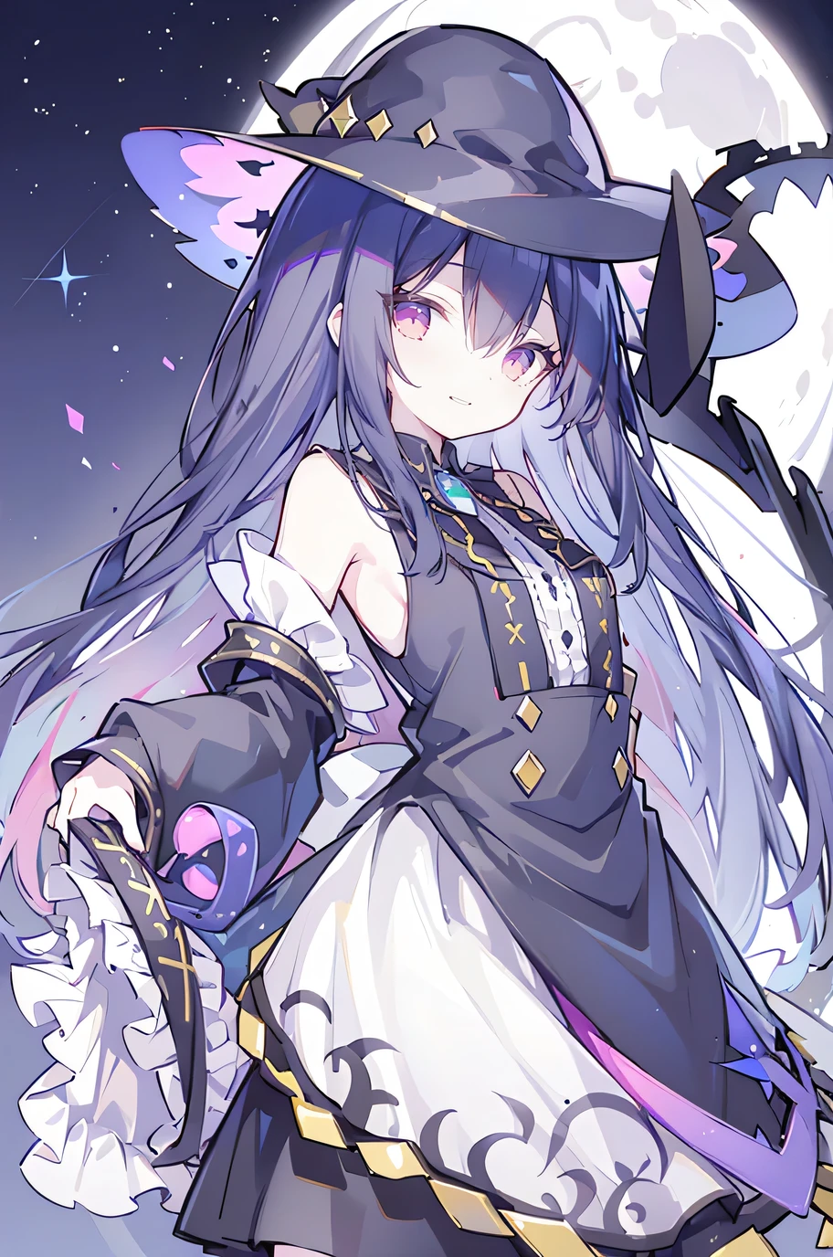 oung Girls,Humanity,A magician always smiles,big witch hat,cute,dark blue long hair,The eyes are dull,The bangs are heavy,Thin eyebrows,fantasy,intake,Double teeth,Star Theme,Constellation pattern,Solid color clothetal decoration,cloak,A bit of a dark atmosphere,A little crazy smile,When the big moon shines outside at night,blood,Hair black star embellishment,Short tie,No nails,High waist skirt,Bell sleeves,Long-sleeved shirt,Black tie,low risk,gentlemen。Mist、Yellow and white effect,Shocking pink as an accent color