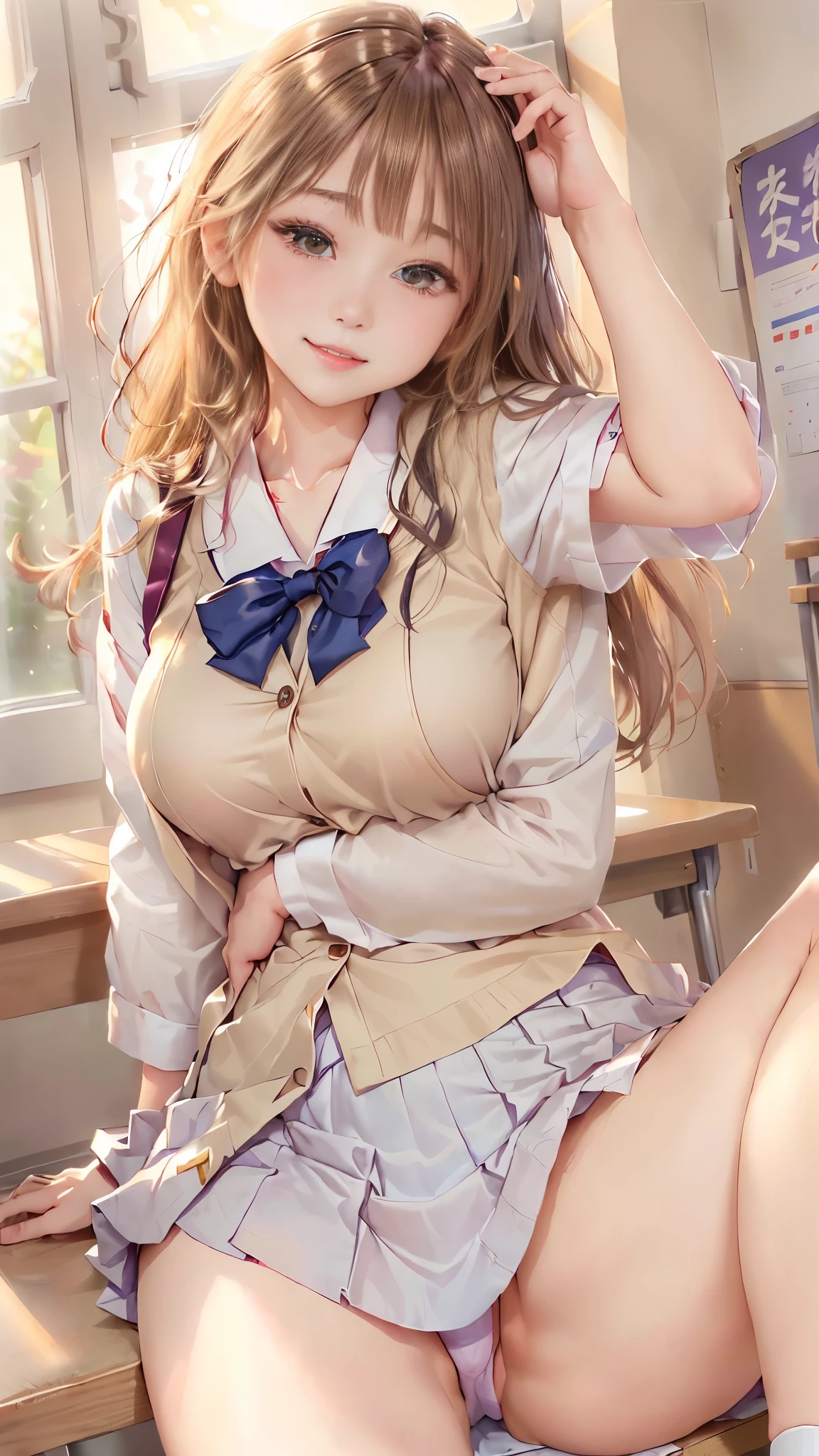 Arabic Asian woman in uniform sitting at a desk, かわいいhigh school girl, ポーズをとるhigh school girl, a hyper現実的なhigh school girl, 16K quality、最high quality, High resolution, Actual Photos, (Ultra-realistic、Realistic)、spread legs、show white panties、sexly,((Full body portrait))、(((very beautiful blonde teenager)))、 ((sitting on a chair in the classroom))、 (((blonde)))、 ((Shiny Hair、stick out one ear、Medium Long Hair))、(blue eyes)、((idols wearing Nogizaka uniforms))、blazer、Neck ribbon、Checked mini skirt、Brown Loafers、(Big eyes、Very beautiful and subtle makeup, Light makeup, blondeの美しい髪)、((Her legs are spread open and her miniskirt is rolled up to show off her White panties.))、((Do not hide your panties))、(White panties)、Highly detailed eyes and face、Well-groomed nose、Thin eyebrows、(Perfect Eyes）、Perfect hands、Perfect Fingers、 (F Cup Big)、Clear double eyelids、Patchy's eyes、clear, Beautiful face and well-proportioned eyes, ( Very beautiful and subtle makeup, Light makeup、Well-groomed nose、Thin eyebrows), Border Light, (Soft Light, high quality, Smooth and sharp, 10x pixelation, Beautiful Eyeshadow),（(Browsing Caution))、((Ecstatic expression、reach sexual climax))、mouth hanging open、Sexy mouth、(Cute Japanese)、 smile、Fine and beautiful lips , Cute round face, Plump thighs、Accentuate your thighs、Hairstyles with bangs、Delicate body、slim、Light-reflecting skin、Model body type、Detailed fingers、Beautiful Eyes、長いまつ現実的なhigh school girl, Japanese Model, 現実的なhigh school girl, wearing Japanese School Uniform, Japanese School Uniform, high school girl, The entire subject is visible, high school girlの格好をした, からかいのsmile, Young Sensual Gravure Idol