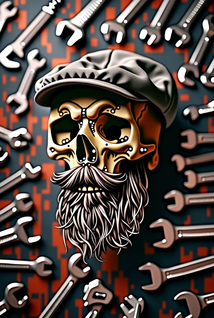 masterpiece, Best Quality, 4k, 8k, ultra detailed background of french wrenches, delicate pattern, complex and detailed background, studio lighting, Fantastic, skull with beard and mustache, skull with cap
