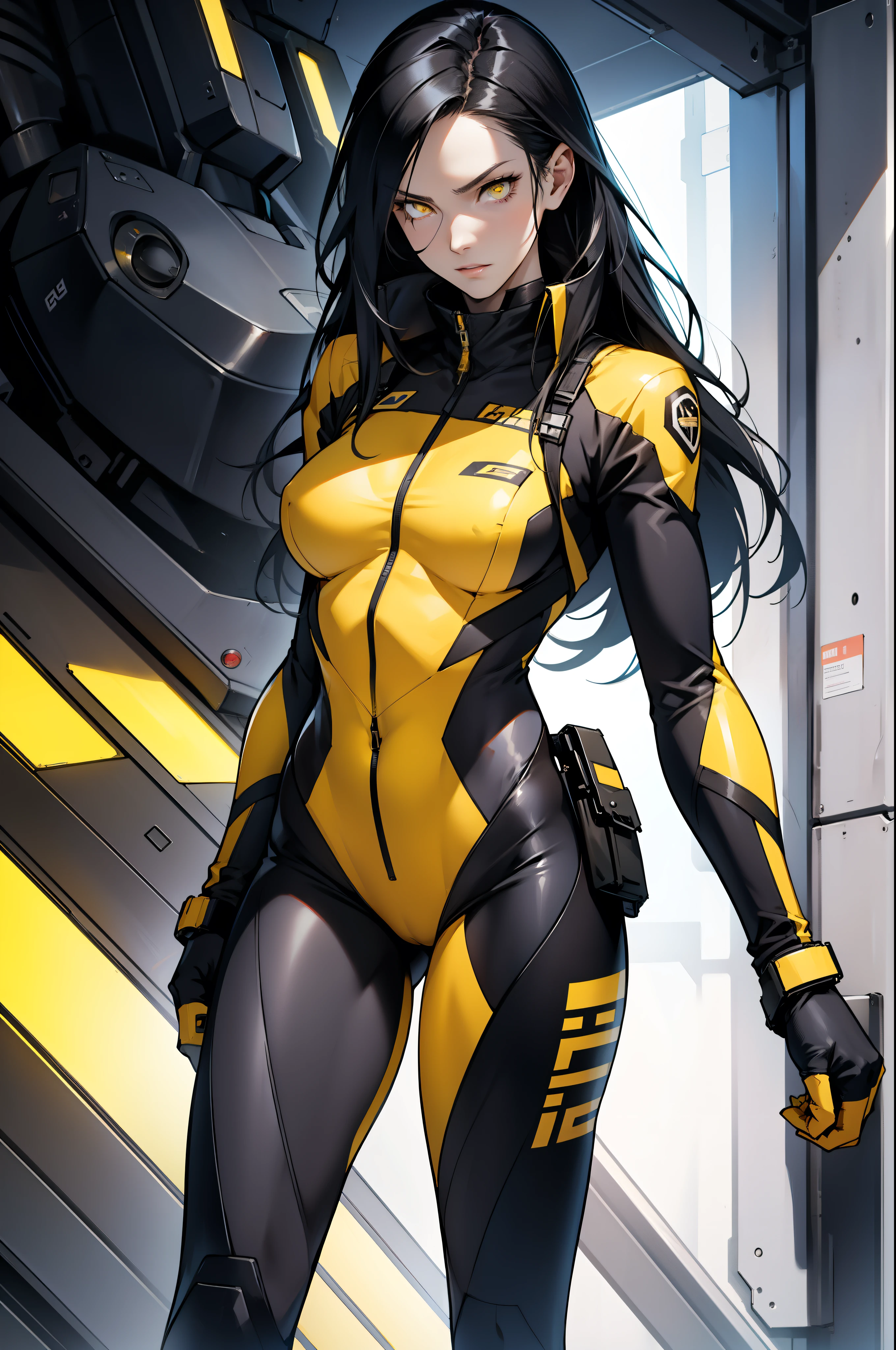 1 girl, black hair, yellow eyes, very long hair, pale skin, fit body, slender body, slim waist, large breasts, (confident expression), pilot suit, thigh gap, bare thighs,