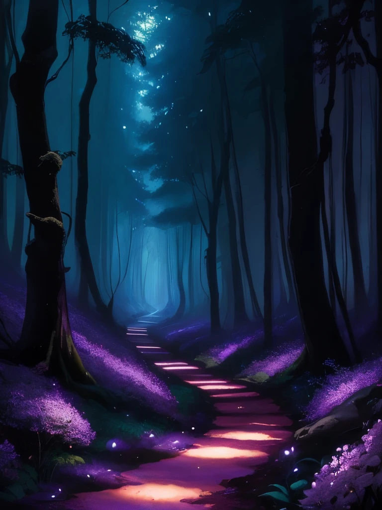 painting of a path in a forest with purple flowers, a digital rendering inspired by Maxfield Parrish, flickr, psychedelic art, glowing forest, beautiful lush colors, forest colors, dark neon colored rainforest, magical colors and atmosphere, magical colours and atmosphere, really beautiful forest, magical forest, magical forest in the background, incredible colors, bioluminescent forest floor