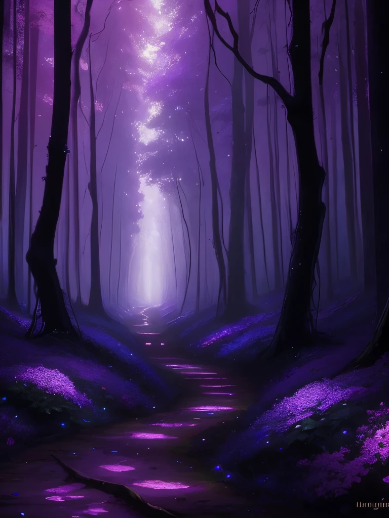 painting of a path in a forest with purple flowers, a digital rendering inspired by Maxfield Parrish, flickr, psychedelic art, glowing forest, beautiful lush colors, forest colors, dark neon colored rainforest, magical colors and atmosphere, magical colours and atmosphere, really beautiful forest, magical forest, magical forest in the background, incredible colors, bioluminescent forest floor