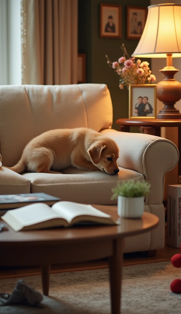 Create an image of a cozy living room setting where a character might be searching for their lost keys. The room should have a warm, inviting atmosphere with a couch, coffee table, and side table. Include everyday items like books, magazines, a lamp, and perhaps a decorative vase or photo frame. The space should feel lived-in but not too cluttered, suggesting that it's easy for small items like keys to get misplaced. Not human