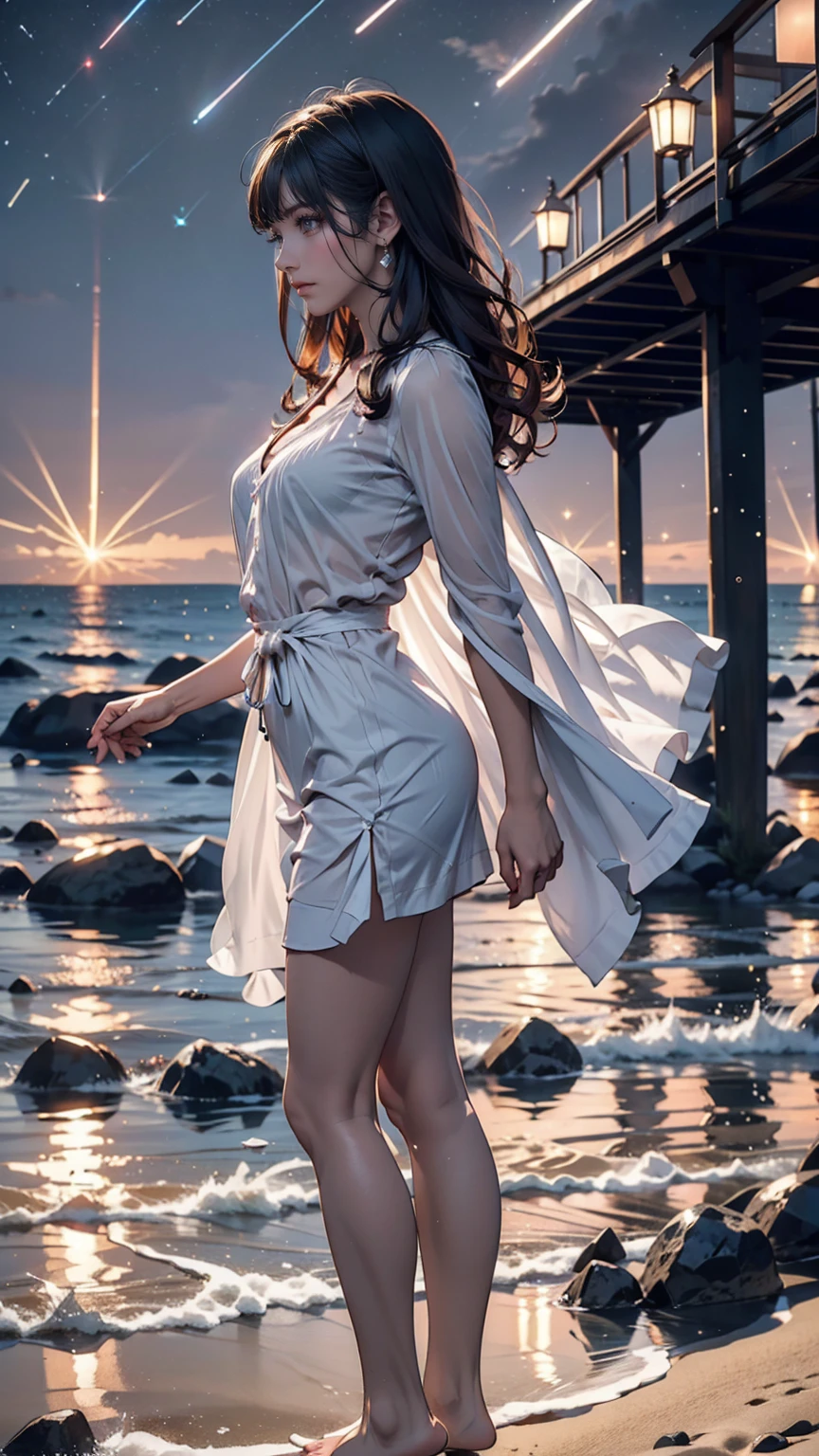 ((masterpiece, Highest quality)), At night, Sheer, thin clothes, girl, Put one foot in the sea using only your toes, girl standing, girl sideways, between the horizon and the sea, Side view, Ripples spread from my toes, The scene is about 20 metres away., On the Sea, At night, the whole scene is shining, There is a meteor shower