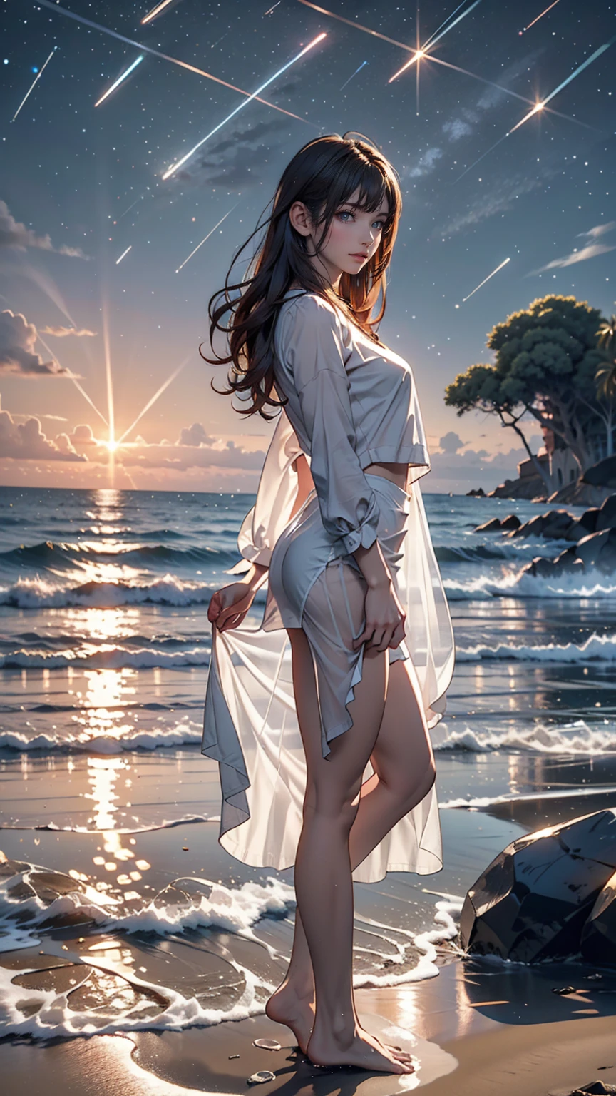 ((masterpiece, Highest quality)), At night, Sheer, thin clothes, girl, Put one foot in the sea using only your toes, girl standing, girl sideways,  between the horizon and the sea, Side view, Ripples spread from my toes, The scene is about 20 metres away., On the Sea, At night, the whole scene is shining, There is a meteor shower