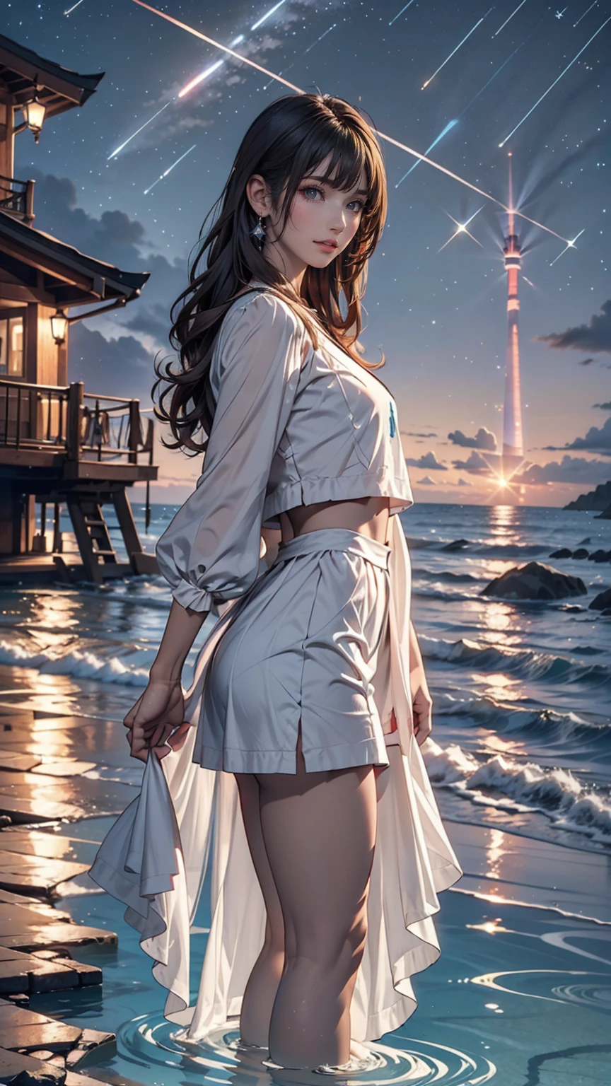 ((masterpiece, Highest quality)), At night, Sheer, thin clothes, girl, Put one foot in the sea using only your toes, girl standing, girl sideways, between the horizon and the sea, Side view, Ripples spread from my toes, The scene is about 20 metres away., On the Sea, At night, the whole scene is shining, There is a meteor shower