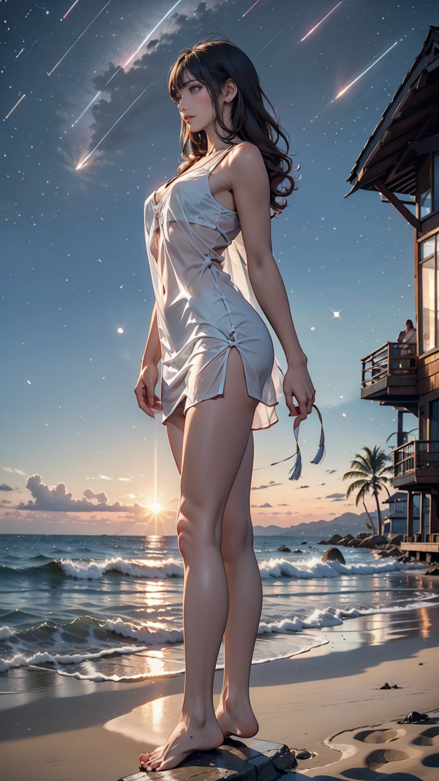 ((masterpiece, Highest quality)), At night, Sheer, thin clothes, girl, Put one foot in the sea using only your toes, girl standing, girl sideways, between the horizon and the sea, Side view, Ripples spread from my toes, The scene is about 20 metres away., On the Sea, At night, the whole scene is shining, There is a meteor shower