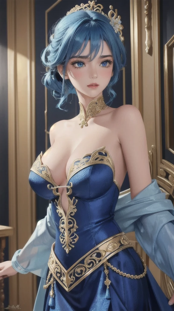 (masterpiece:1.4, best quality), (intricate details), unity 8k wallpaper, ultra detailed, beautiful and aesthetic, perfect lighting, (1girl), (blue hair, blue eyes, medium breasts),, dynamic pose, dynamic angle, lipstick, slim, slim body, medium breasts, , detailed background, realistic, solo, perfect detailed face, detailed eyes, highly detailed, blush, hair ornament, rolling_eyes, cross-eyed,