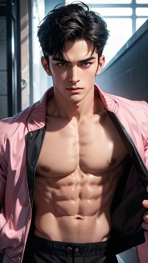 a muscular man, handsome detailed face, short black hair, open pink jacket with tiger print, sexy expression, looking directly at viewers romantically, black undershirt, black pants, 