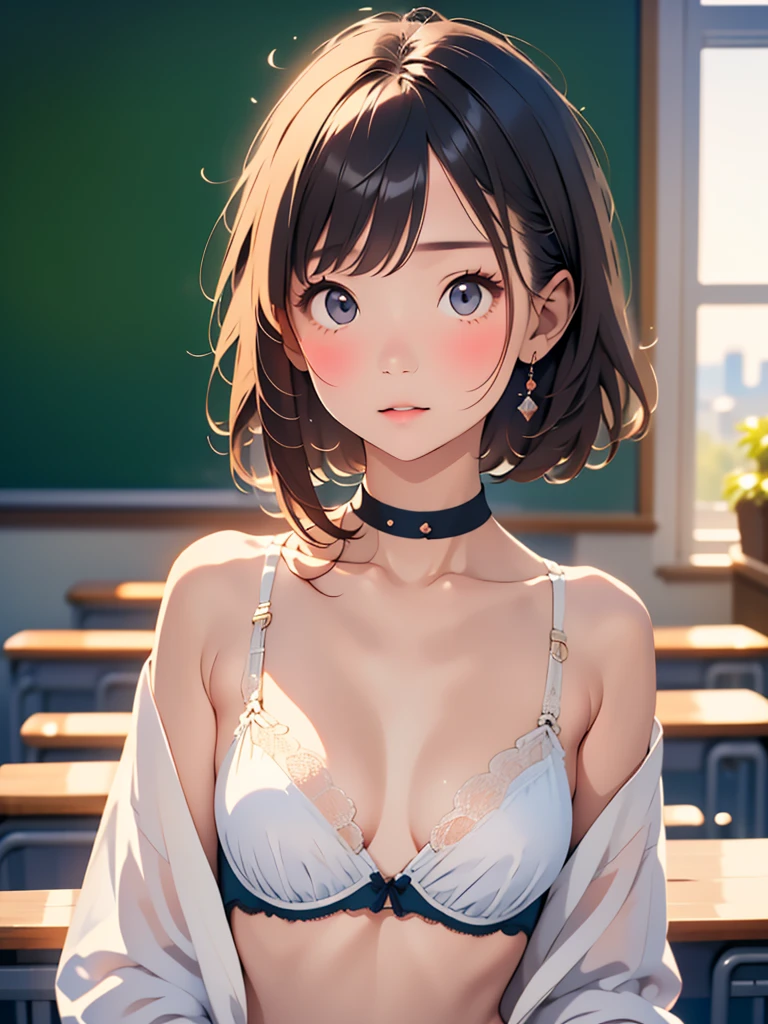 Highest、masterpiece、Ultra HD、Realistic、With a girl、Japanese、Xiao Chai、(Beautiful Face 1.4)、(Medium chest、Curved Waist)、length、Inside the room、Bokeh、micron、Glowing Skin、head、For men、Bra very、classroom
