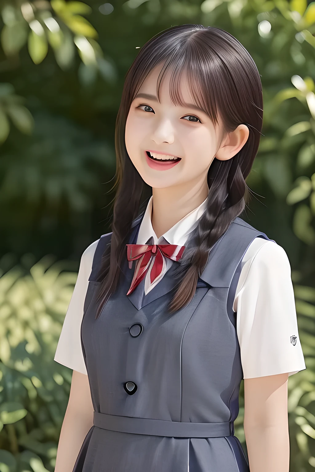 (highest quality, masterpiece, high resolution:1.2), 4K, (Photo quality detailed face: 1.2), (Giorgione painting style: 0.8), geometry, (16 yo cute girly Japanese girl with very detailed graceful cute smiling face: 1.2), Laughing cutely, (neat girly white short-sleeves school blouse: 1.0), (puffed short sleeves: 1.0), (Dark red glossy school ribbon on the breast: 1.0), (Light gray Japanese school girly vest Uniform: 1.2), (Extremely laughing cheeks: 1.0), (Beautiful light-amber cute-dolly large clear laughing 14yo noble princesses eyes with very detailed cutely: 1.4), (Long bottom eyelashes: 1.2), (Expressing the greatest joy with her whole body: 1.2), (Glossy lips: 1.0), (braids under her ears: 1.3), (kidnapping me into the heaven as a goddess: 1.6), (white and clear skin: 1.0)