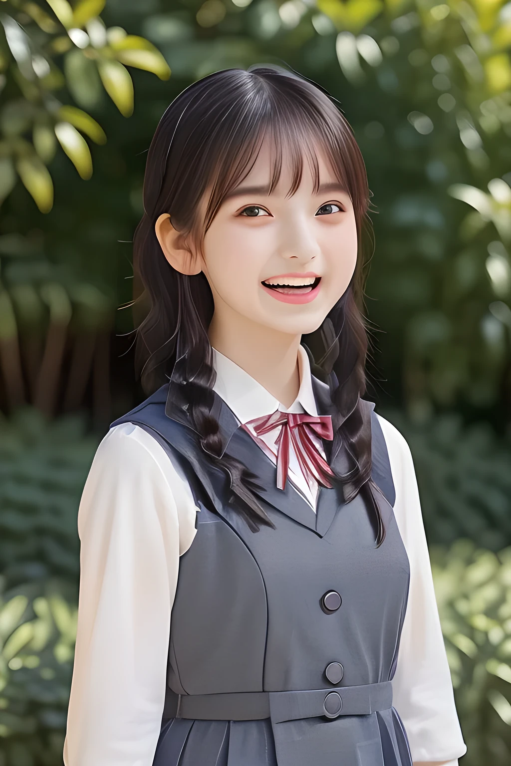 (highest quality, masterpiece, high resolution:1.2), 4K, (Photo quality detailed face: 1.2), (Giorgione painting style: 0.8), geometry, (16 yo cute girly Japanese girl with very detailed graceful cute smiling face: 1.2), Laughing cutely, (neat girly white short-sleeves school blouse: 1.0), (puffed short sleeves: 1.0), (Dark red glossy school ribbon on the breast: 1.0), (Light gray Japanese school girly vest Uniform: 1.2), (Extremely laughing cheeks: 1.0), (Beautiful light-amber cute-dolly large clear laughing 14yo noble princesses eyes with very detailed cutely: 1.4), (Long bottom eyelashes: 1.2), (Expressing the greatest joy with her whole body: 1.2), (Glossy lips: 1.0), (braids under her ears: 1.3), (kidnapping me into the heaven as a goddess: 1.6), (white and clear skin: 1.0)