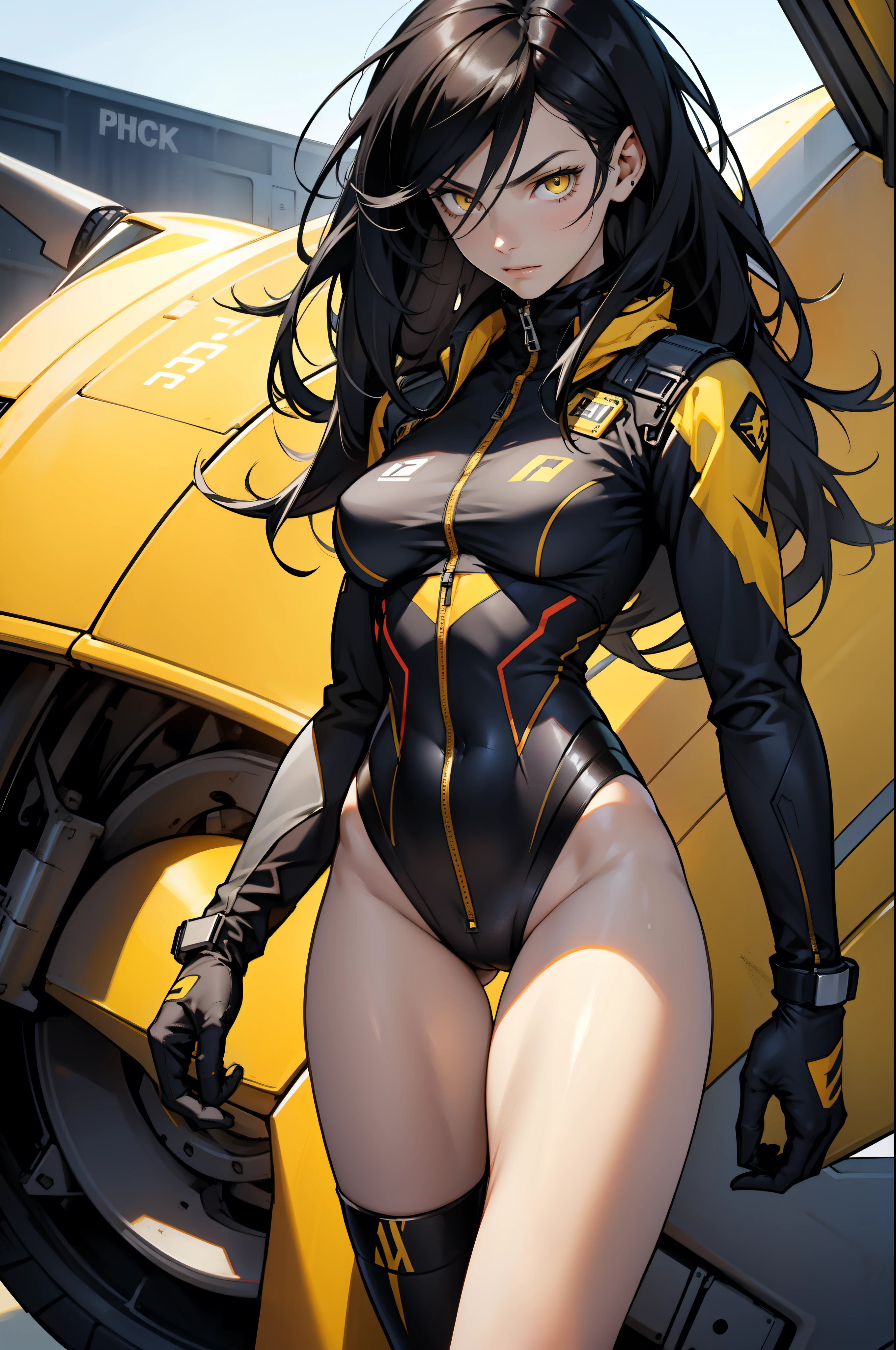 1 girl, black hair, yellow eyes, very long hair, pale skin, fit body, slender body, slim waist, large breasts, (confident expression), pilot suit, thigh gap, bare thighs,