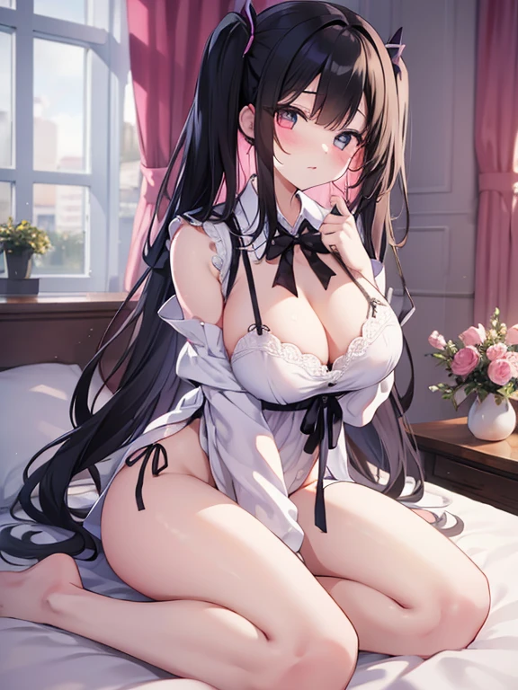 (masterpiece, top quality, super high quality, super high detail, beautiful hair, beautiful eyes, perfect face), girl's room, pretty white based room, morning sun coming through window, white lace curtains, not wooden room, short twintails hair, black hair, very baby face, droopy eyes, heterochromia, pink eye, orange eye, very huge , 145cm tall girl sitting on bed wearing only large pajamas and nothing on lower body, one eye closed, right hand over mouth, left arm raised and stretched out, mouth wide open in big abscess, very sleepy face, Munchy effect, half-lidded, bare feet, thighs, sitting upright with legs open, bottom half of body completely covered, no bra