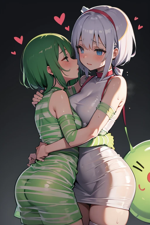 Striped undressed nurses wrapped in translucent slime and sweat embrace each other and give each other hearts