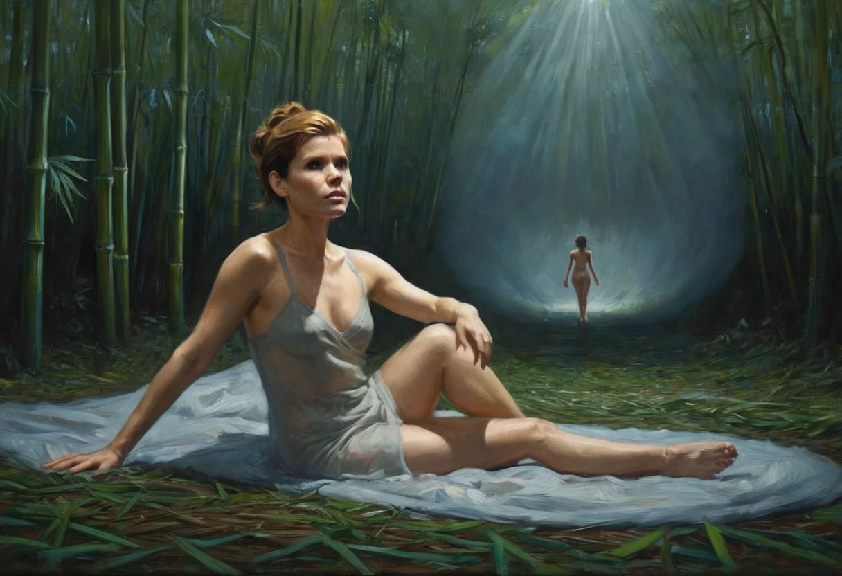 Bamboo forest, a confused and embarrassed nude woman (Kate Mara, age 25, panicked, nude, covering herself as best she can with her hands and arms) is in a spotlight being cast down on her from a hovering UFO, assorted clothes float down from the UFO. flapping in the wind, night