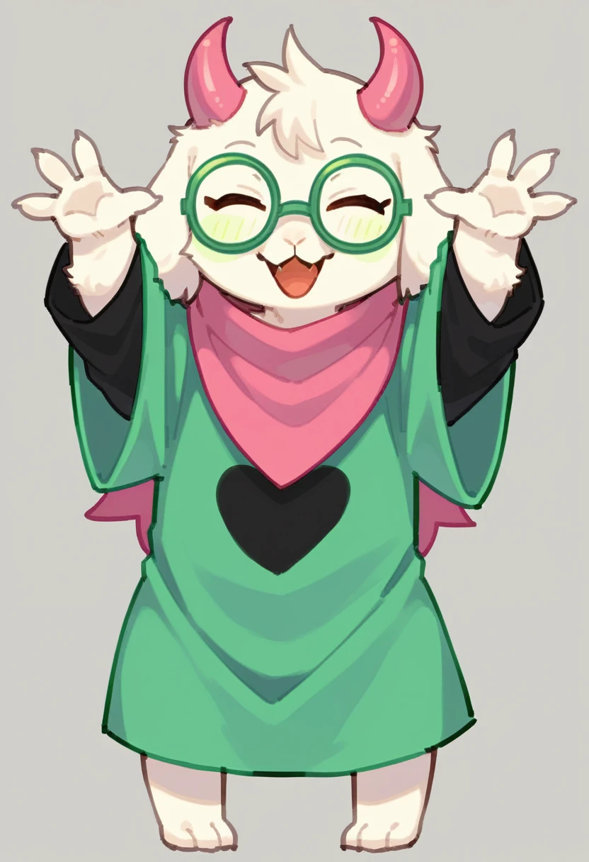  (score_9, score_8_up),furry, fur, face, Ralsei(deltarune), goat, dark fur,  horns, black sleeves, cute, green glasses, hatless, green shirt, standing, arms up with his hands doing the L sign,pink scarf,closed eyes, happy, smug face, bending over,    {{{kame (kamepan44231), no humans, chibi, jitome, fumo (doll)}}}, portrait. 1furry, solo