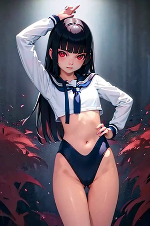 a bit, Warrior Girl, Black high leg swimsuit, sword,armor,Enma Ai、best quality, (beautiful), pretty face, white school uniform, white serafuku, long sleeves, black swimsuit,裸の腹、臍