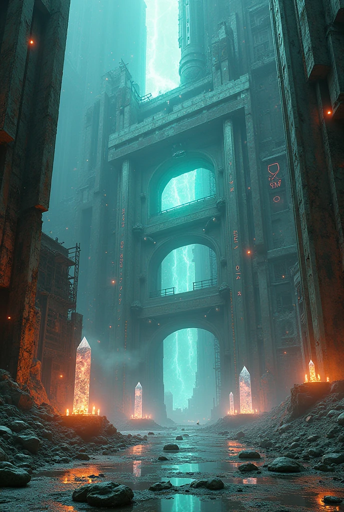 Show an environment of huge old uniqe buildings where technology and magic intertwine in a visually striking way. Focus on that mix circuits and magical runes. Add elements like glowing crystals and magical energy beams interacting with technology, creating an atmosphere charged with mysticism and technological decadence. The scene should reflect the fusion of technology and magic, with a color palette that combines metallic tones, electric and magical, showing the contrast between technological advancement and post-apocalyptic wear and tear