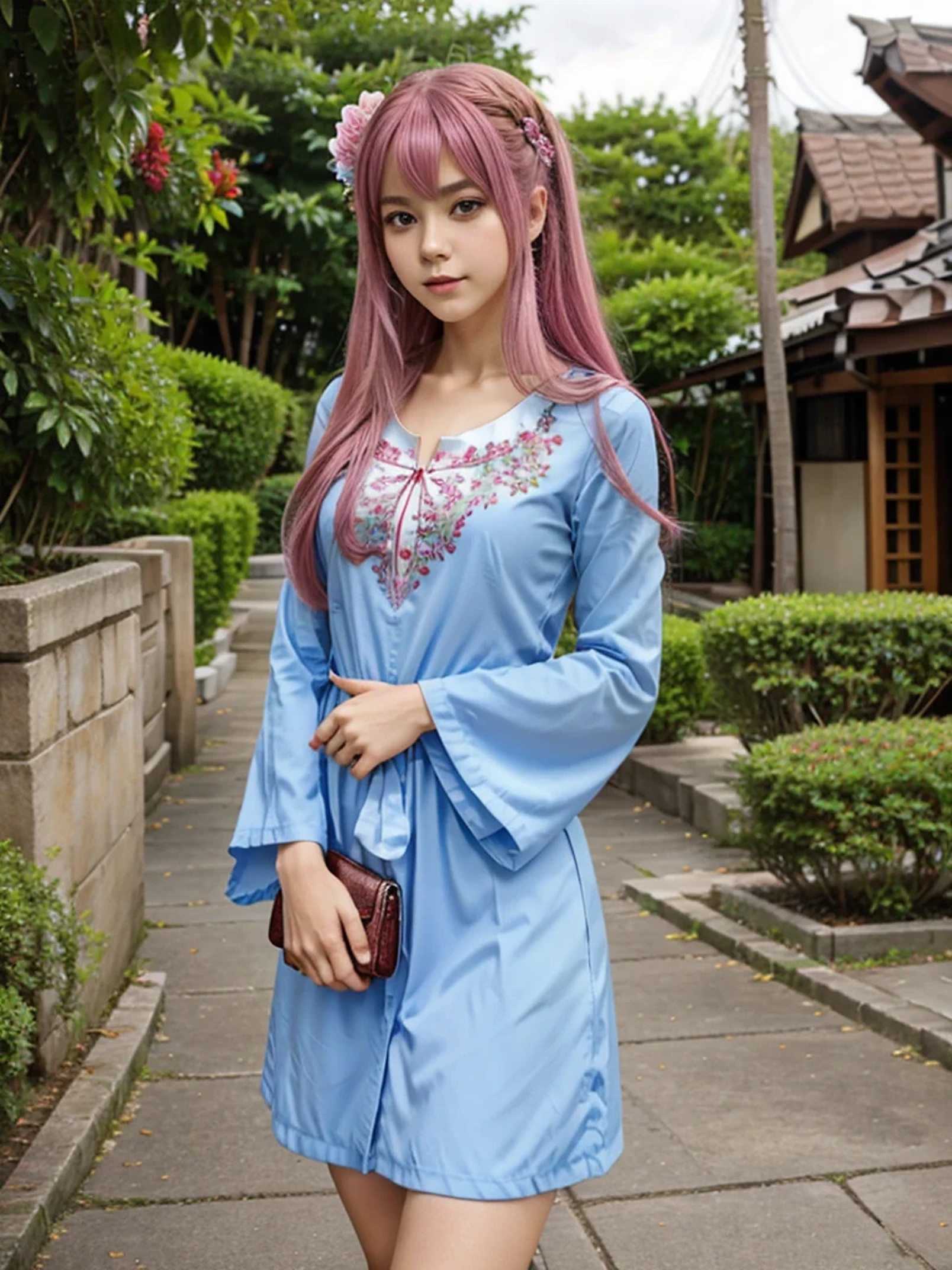 masterpiece, best quality,lacus-bk, 1girl, solo, long hair, pink hair, very long hair, blue eyes, hair ornament, japanese clothes, detached sleeves