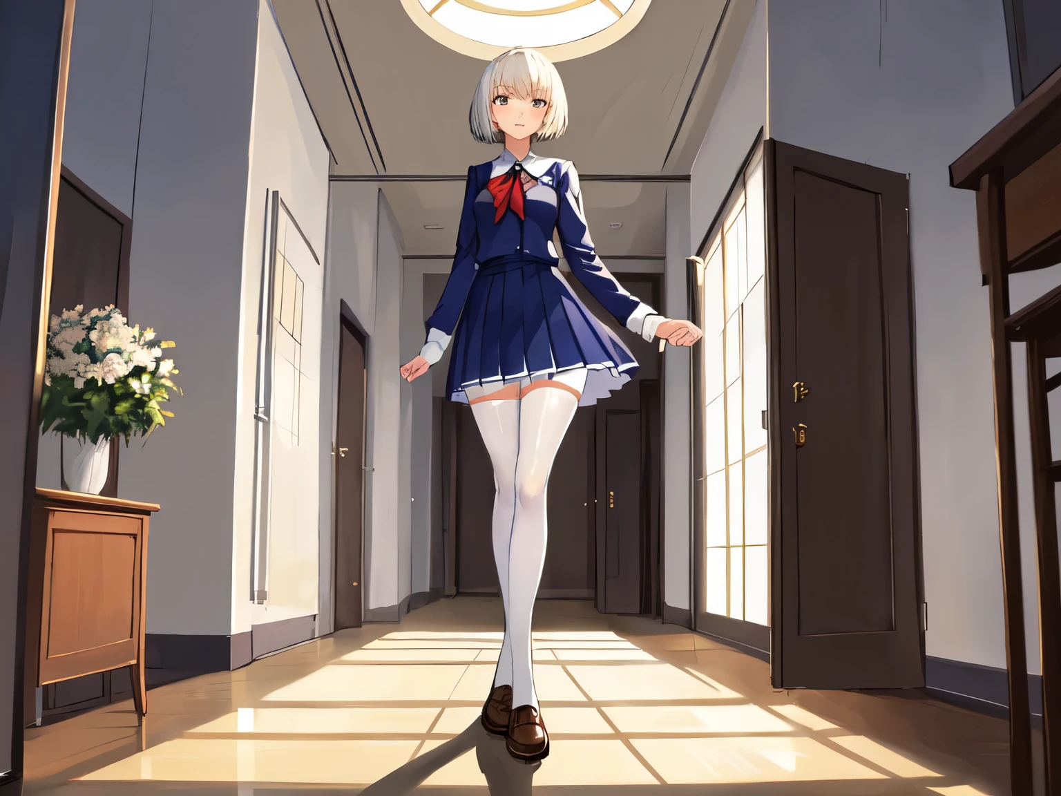 Arcueid Brunestud, full body, anime art, high school girl standing with a confident expression, classroom background, 4K.