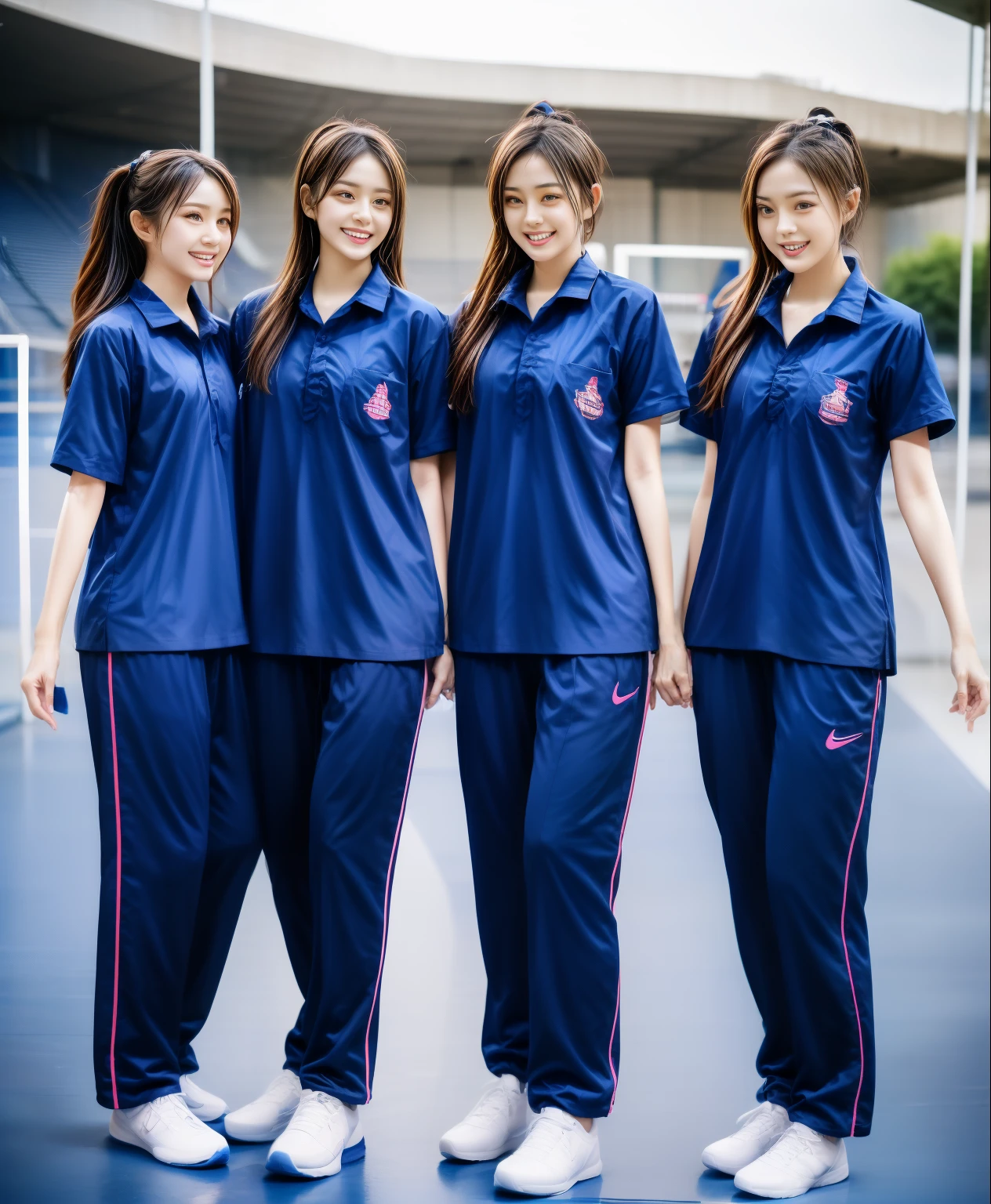 3 girls play basketball at basketball court, Navy blue short-sleeved shirt,Navy Long Trackpant,Sweatpants, Sweatpantsขายาว,25 year old girl, lesbian, sexy, exercise clothes, wet body, exercise clothes