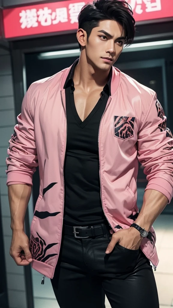 a muscular man, handsome detailed face, short black hair, open pink jacket with tiger print, sexy expression, looking directly at viewers romantically, black undershirt, black pants,