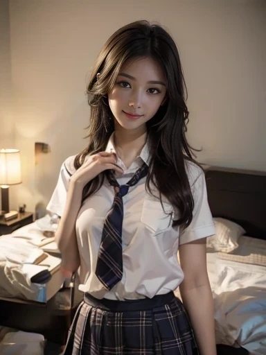 (1girl:1.3), Masterpiece, Best quality, amazing beauty, 4K, absurdres, finely detail, super detailed eye, perfect anatomy, official art, cinematic lighting, BREAK, school, School, silky medium long hair, black hair, super shiny detailed brown eyes, Staring Intently, Turning Head Away, open-mouth, closed-mouth smile, shy face, BREAK , big breasts, white skin, pale skin, Are standing, standing, full body, BREAK , (school uniform:1.2), BREAK,()