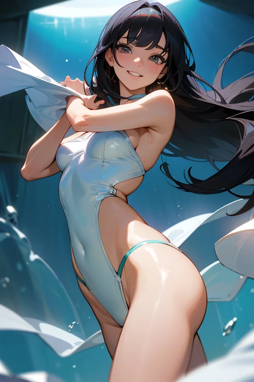 (Highest Resolution, clear_image) Highest quality, single, One woman, alone, masterpiece, Very detailed, Semi-realistic, Black Hairのショートヘア, Black Hair, bangs, 18-year-old, mature, Light blue , Indoor Background, kind, Authoritative, Powerful, exquisite features, exquisite features、Eyelashes become longer、Showing teeth、smile😀、(Swimwear)、woman'Fingers in the、(bikini)、