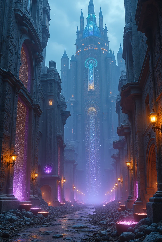 Show an environment of huge old uniqe buildings where technology and magic intertwine in a visually striking way. Focus on that mix circuits and magical runes. Add elements like glowing crystals and magical energy beams interacting with technology, creating an atmosphere charged with mysticism and technological decadence. The scene should reflect the fusion of technology and magic, with a color palette that combines metallic tones, electric and magical, showing the contrast between technological advancement and post-apocalyptic wear and tear