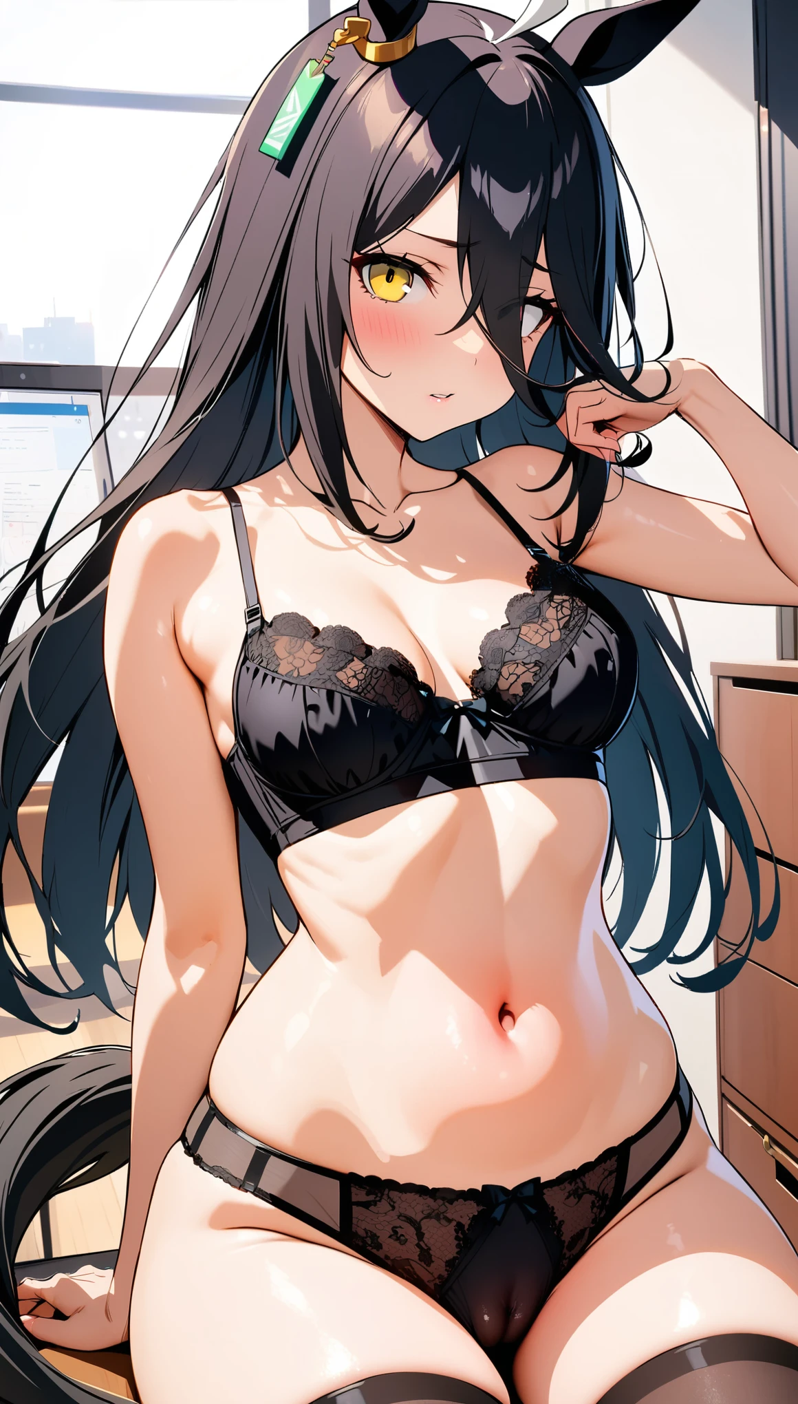 [[One person, Manhattan Cafe \(umamusume\), umamusume]], Beautiful attention to detail, Close one eye, ((indoor, office, living room), ), Curvy, thin, Small breasts, (Black thigh-high socks), (Cleavage) , (Sexy pose), (Seductive pose), (Crop Top Belly Button), ((panties), (bra), (In underwear), (Flashy underwear), (cameltoe), (lingerie)), , (Close-up shot), Dynamic Angle, Highest quality, Very detailed, masterpiece, Ultra-high resolution, 8k, Nipples, Horse tail