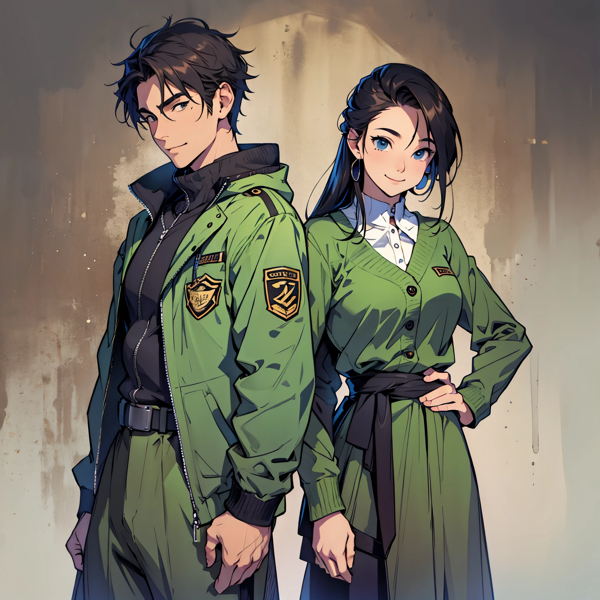 Imagine an MBTI advocate.、A man and a woman in green clothes smiling gently。Stylish and cool atmosphere。