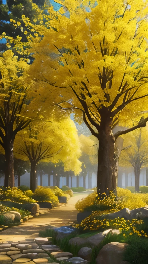 yellow flowers on a tree in a garden with rocks and trees, with yellow flowers around it, shades of gold display naturally, vibrant but dreary gold, golden sacred tree, yellow and greens, by rainer hosch, flowering vines, detailed trees in bloom, by Armin Baumgarten, yellow flowers, sweet acacia trees, beautiful!, the yellow creeper