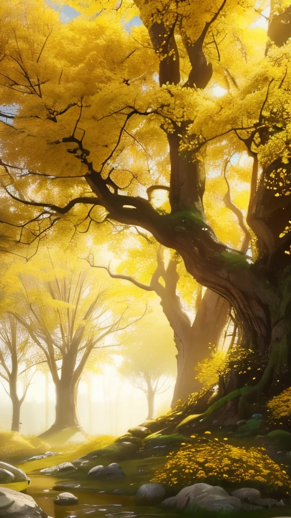 yellow flowers on a tree in a garden with rocks and trees, with yellow flowers around it, shades of gold display naturally, vibrant but dreary gold, golden sacred tree, yellow and greens, by rainer hosch, flowering vines, detailed trees in bloom, by Armin Baumgarten, yellow flowers, sweet acacia trees, beautiful!, the yellow creeper
