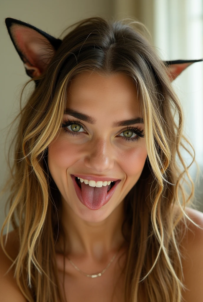 Dakota Skye as a German Shepherd dog/human hybrid, tanned skin, nude, naked, bending over inviting, teasing, sensual, sexy, nsfw, dimly lit bedroom, vibrator, pointy canine ears, long bushy black and tan tail, blonde and black hair, pigtails, bright green eyes, smeared makeup, mischievous smirk, flirty, horny, masterpiece, beat quality, kneeling looking up, making eye contact, tongue out, facial